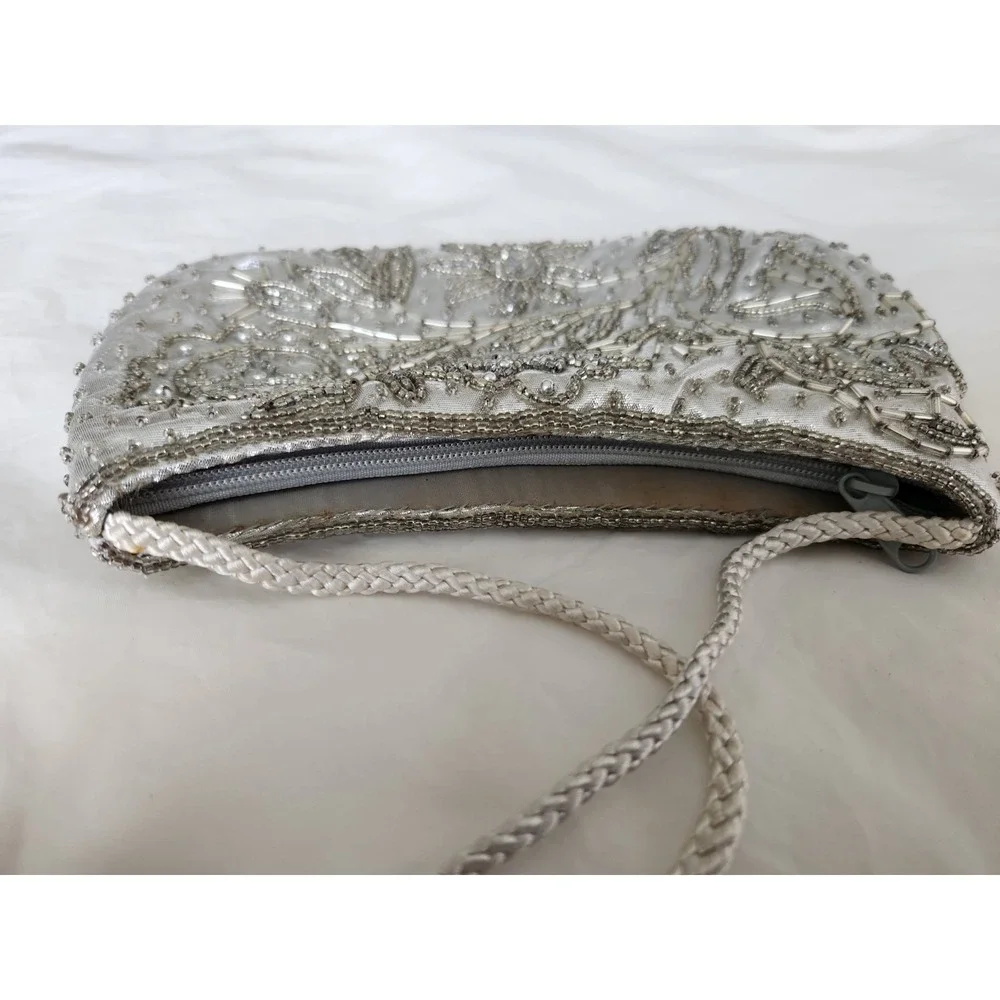 Vintage Valerie Stevens Silver Hand-Beaded Evening Bag‎ Braided Strap 8